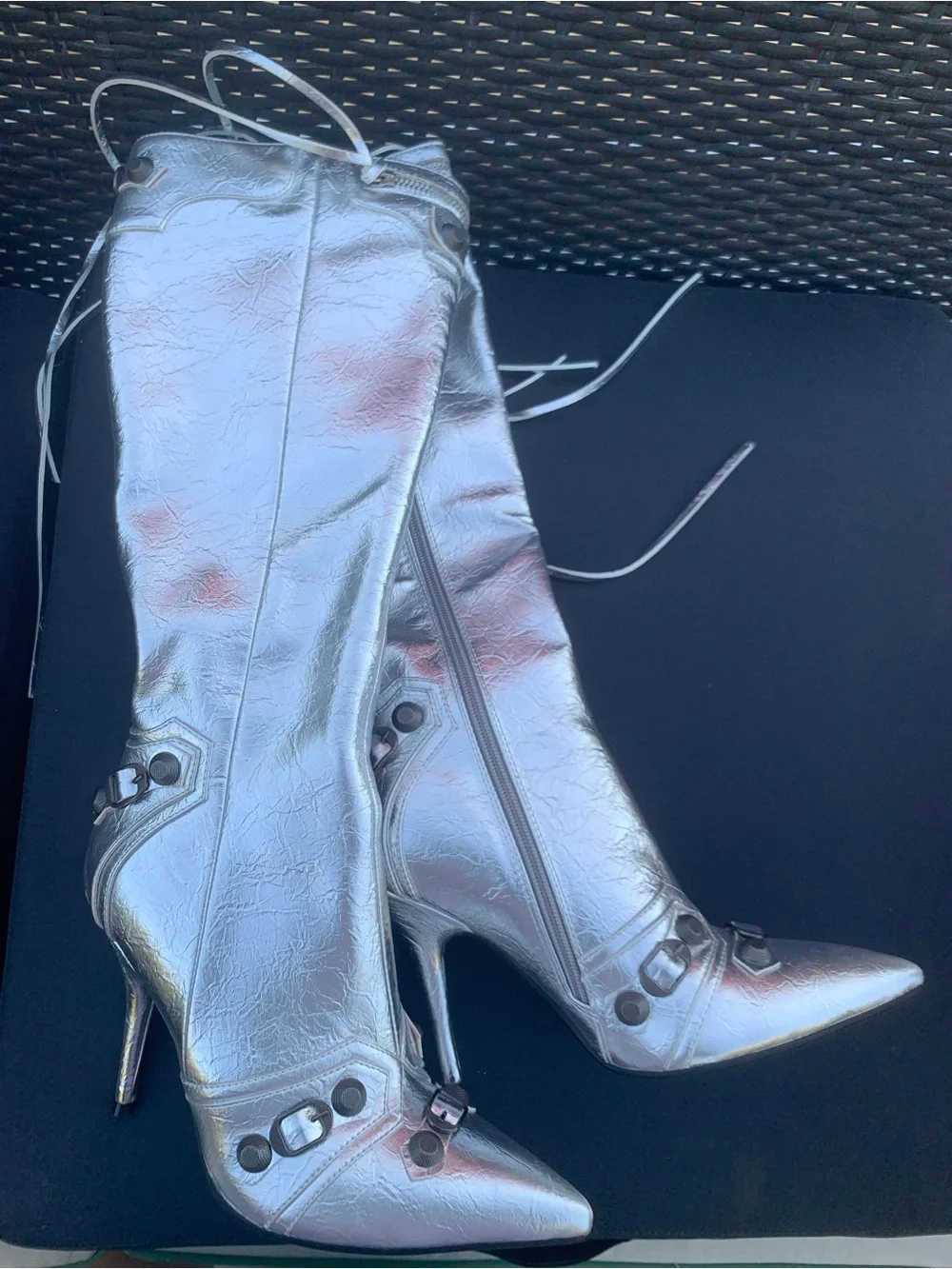 NWOT Silver Pointed-Toe Stiletto Knee-High Boots